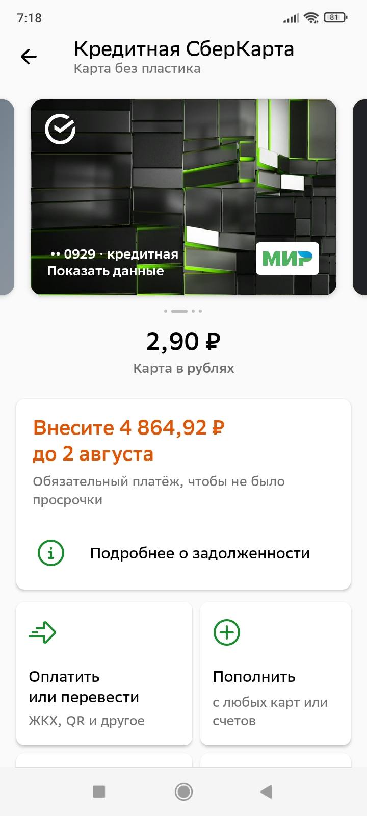 Оплатить кредитку